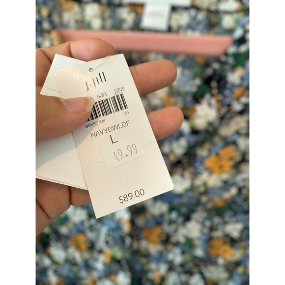 NWT J. Jill Smocked Relaxed Rayon Blouse Navy Blue Sm Wildflowers Womens Large - Picture 10 of 11